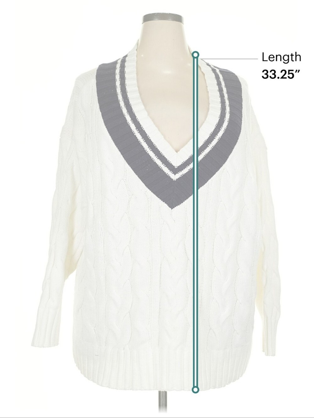 Lane Bryant Cream V-Neck Cable Knit Sweater with Navy Trim - Picture 4 of 6